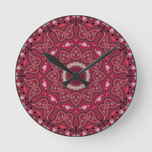 Romantic Reds Kaleidoscope Paisley Boho Round Clock