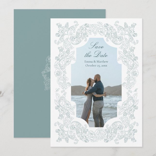 Romantic Regency Dusty Blue Photo Save The Date (Front/Back)