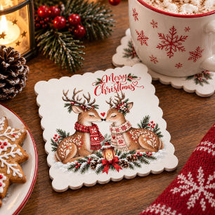 Romantic Reindeer Couple Nordic Christmas Party Paper Coaster