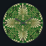 Romantic Retro Art Deco Damask Green Gold 01 Large Clock<br><div class="desc">Romantic Retro Art Deco Damask Green Gold 01 An elegant, romantic, retro gold embossed look vintage damask pattern on a green background. If you'd like this design in other products that you don't see listed or in other colors, please email us with your request! Please note that this image is...</div>