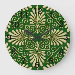 Romantic Retro Art Deco Damask Green Gold 01 Large Clock