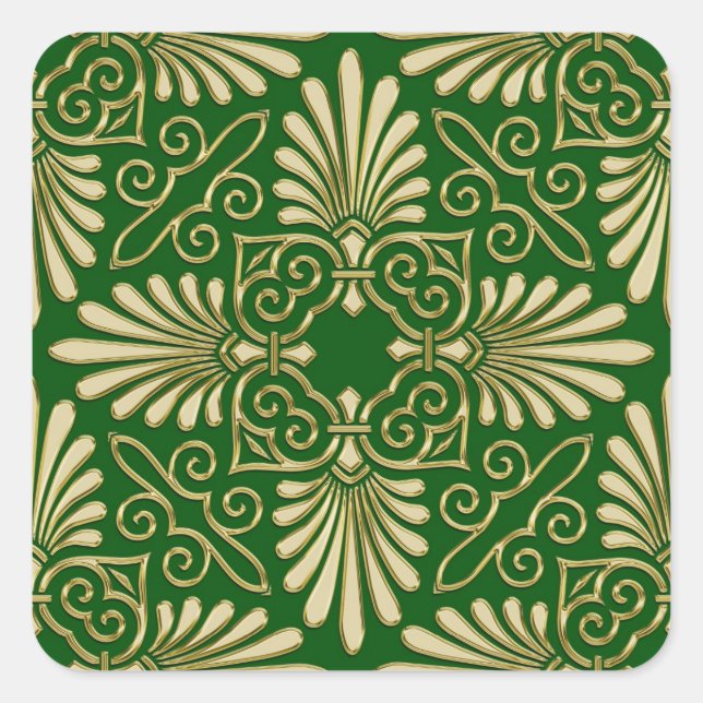 Romantic Retro Art Deco Damask Green Gold 01 Square Sticker (Front)
