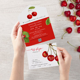 Romantic Retro Red White Cherry Fruits QR Wedding All In One Invitation