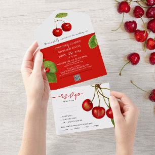 Romantic Retro Red White Cherry Fruits QR Wedding All In One Invitation