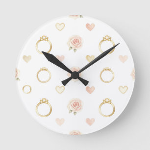 Romantic Rings and Roses Seamless Pattern Round Clock