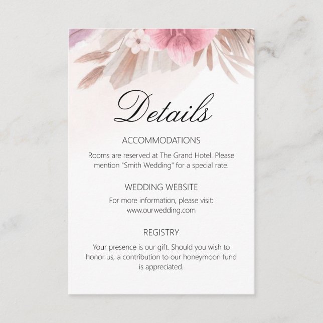 Romantic Rose and Champagne Boho Wedding Details  Enclosure Card (Front)