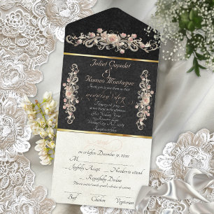 Romantic Rose Arc Borders & Calligraphy - Black All In One Invitation