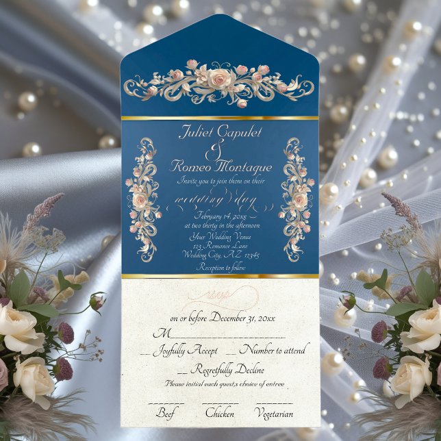 Romantic Rose Arc Borders & Calligraphy - Blue All In One Invitation (Creator Uploaded)