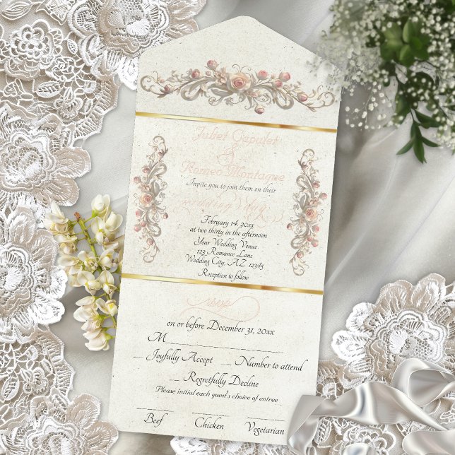 Romantic Rose Arc Borders & Calligraphy - Cream All In One Invitation (Creator Uploaded)