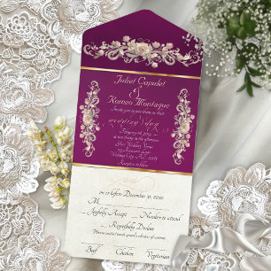 Romantic Rose Arc Borders & Calligraphy - Plum All In One Invitation