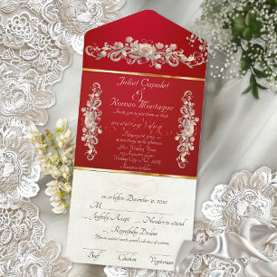 Romantic Rose Arc Borders & Calligraphy - Red All In One Invitation