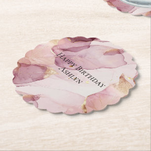 Romantic Rose Blush Pink Gold Leaf Birthday Paper Coaster