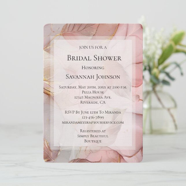 Romantic Rose Blush Pink Gold Leaf Bridal Shower Invitation (Standing Front)