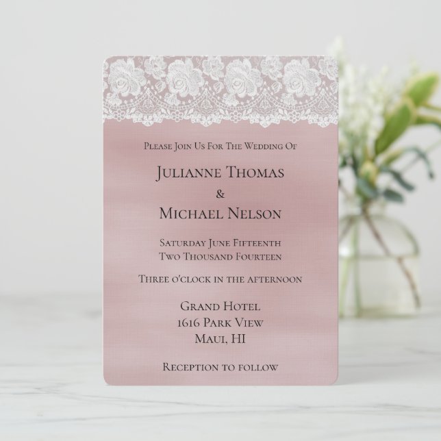 Romantic Rose Blush Pink White Lace Floral Wedding Invitation (Standing Front)