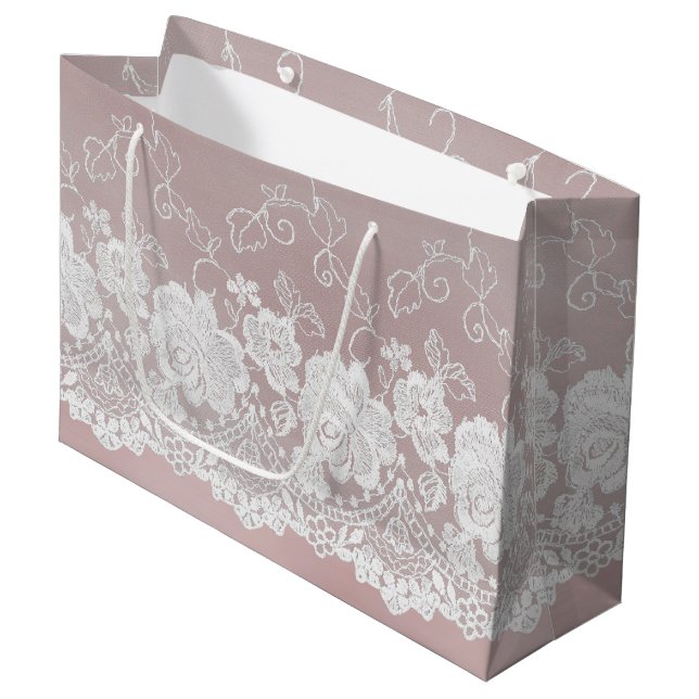 Romantic Rose Blush Pink White Lace Floral Wedding Large Gift Bag (Front Angled)