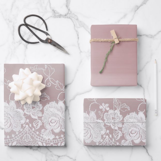 Romantic Rose Blush Pink White Lace Floral Wedding Wrapping Paper Sheet (Front)