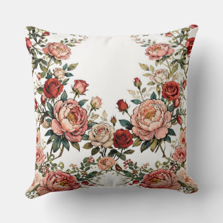 Romantic Rose Border Floral - Elegant White Cushion
