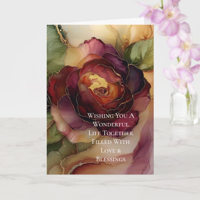 Romantic Rose Burgundy Red Gold Floral Wedding Card (Orchid)