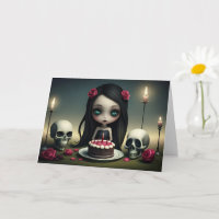 Romantic rose, cake, candle, skull, birthday card 