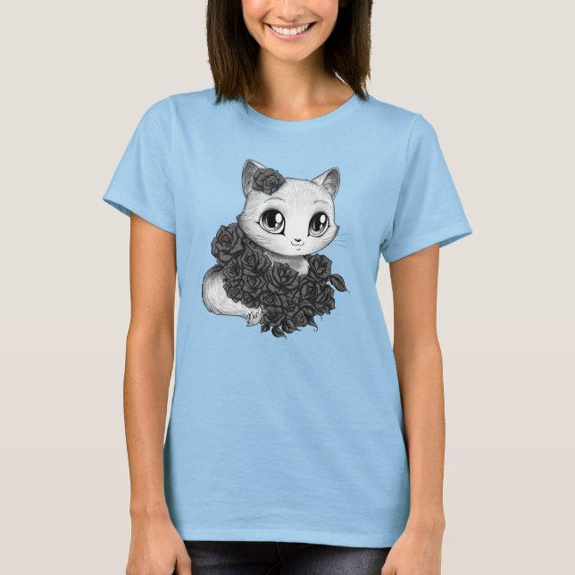 Romantic Rose Cat Art Grey Flowy Top for Her (Front)