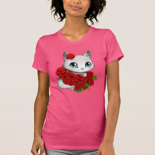 Romantic Rose Cat Pink Slim Fit T-shirt by Mei Yu