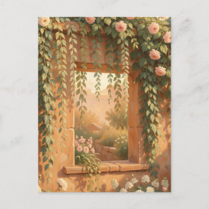 Romantic Rose Covered Stone Window Garden Postcard