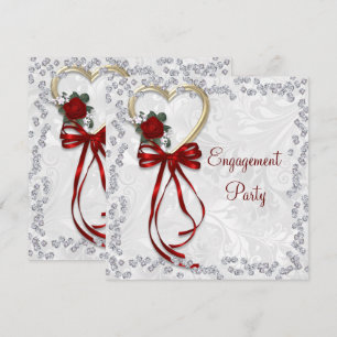 Romantic Rose, Diamonds & Red Ribbon Engagement Invitation