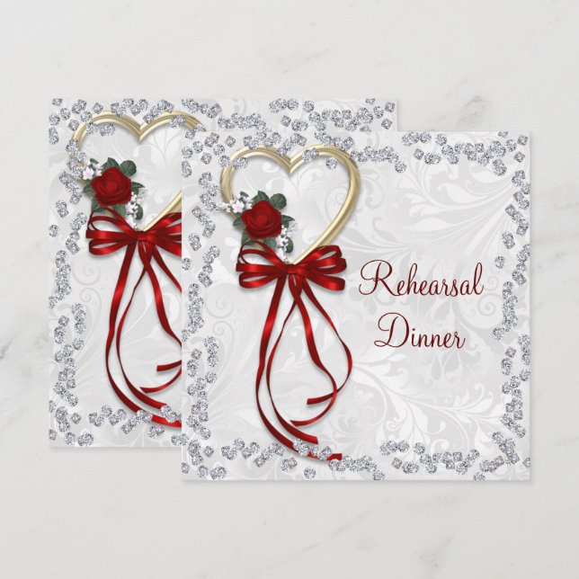Romantic Rose, Diamonds & Red Ribbon Wedding Invitation (Front/Back)
