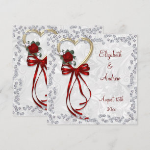 Romantic Rose, Diamonds & Red Ribbon Wedding Invitation