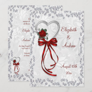 Romantic Rose, Diamonds & Red Ribbon Wedding Invitation
