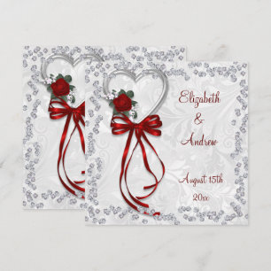 Romantic Rose, Diamonds & Red Ribbon Wedding Invitation