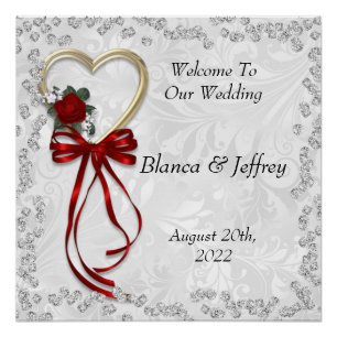 Romantic Rose, Diamonds & Red Ribbon Wedding Poster