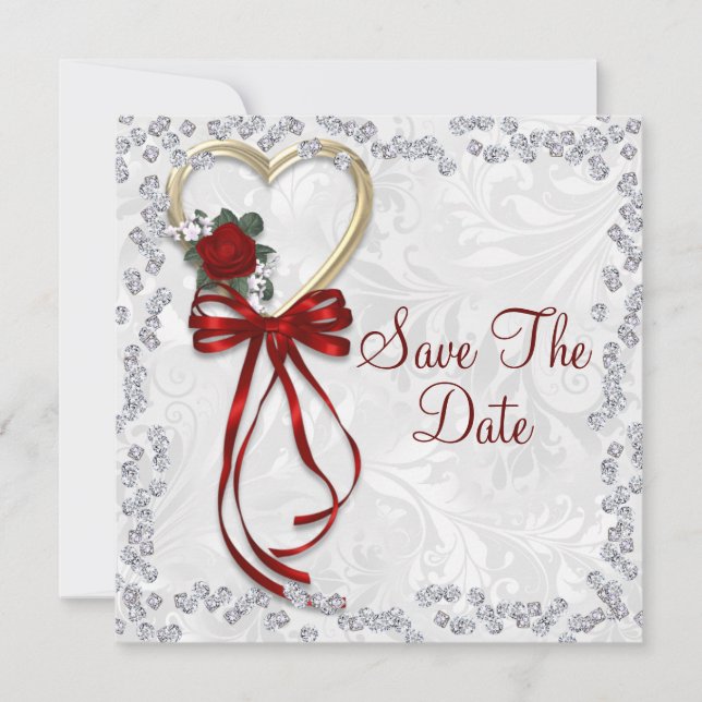 Romantic Rose, Diamonds & Red Ribbon Wedding Save The Date (Front)