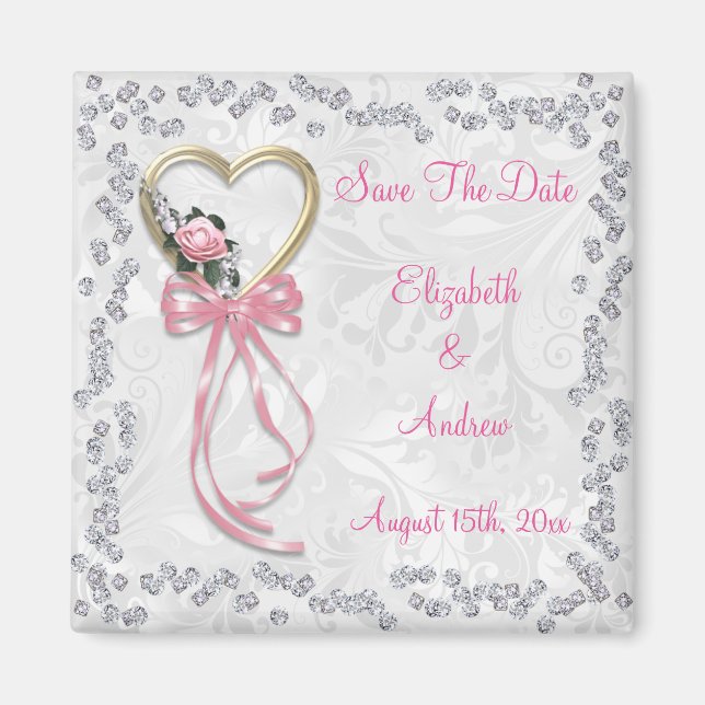Romantic Rose, Diamonds & Ribbon Save The Date Magnet (Front)