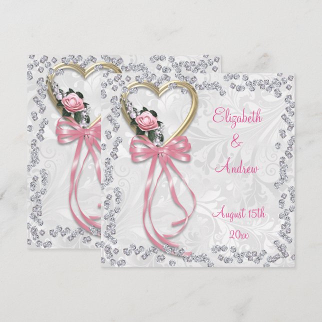 Romantic Rose, Diamonds & Ribbon Wedding Invitation (Front/Back)