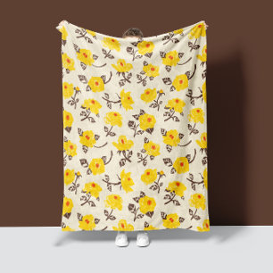 Romantic Rose Garden Yellow Brown Fleece Blanket