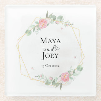 Romantic Rose Geometric Wedding Glass Coaster