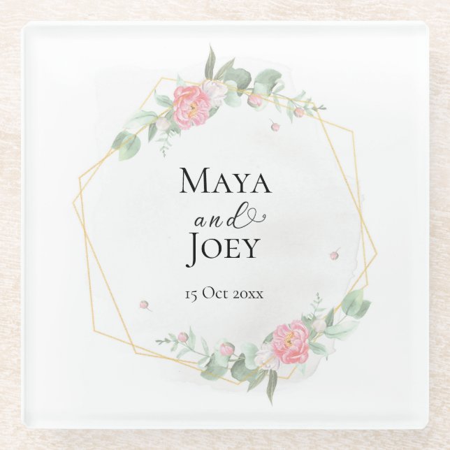 Romantic Rose Geometric Wedding Glass Coaster (Front)