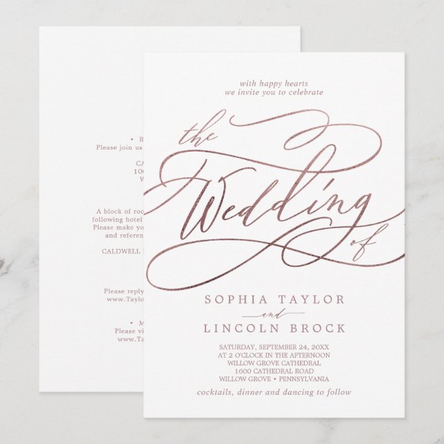Romantic Rose Gold Calligraphy All In One Wedding Invitation (Front/Back)