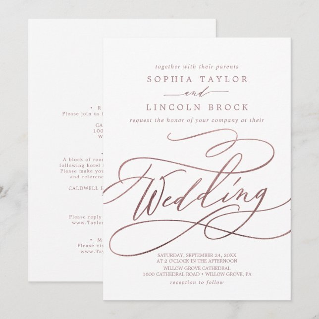 Romantic Rose Gold Calligraphy | Details Wedding Invitation (Front/Back)