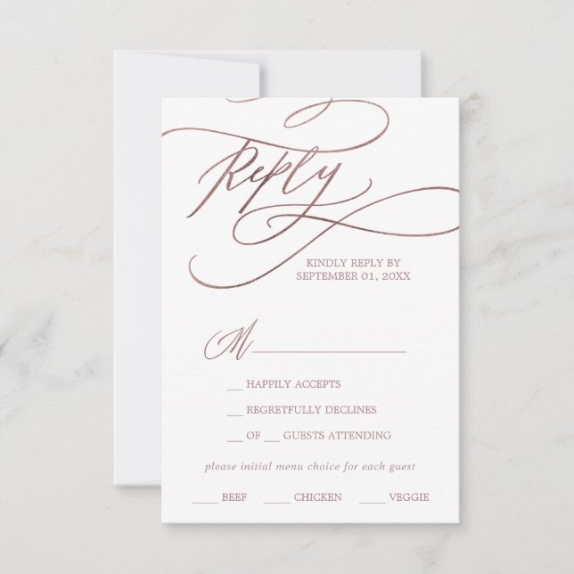 Romantic Rose Gold Calligraphy Menu Choice RSVP (Front)