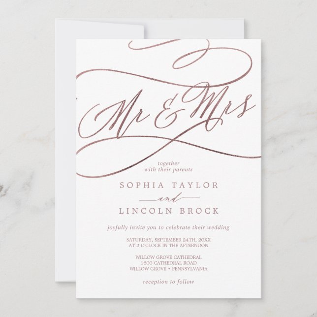 Romantic Rose Gold Calligraphy Mr & Mrs Wedding Invitation (Front)