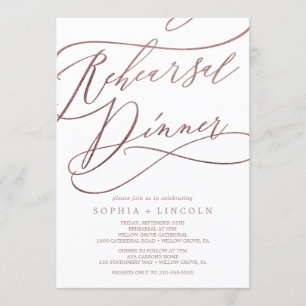 Romantic Rose Gold Calligraphy Rehearsal Dinner Invitation