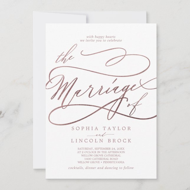 Romantic Rose Gold Calligraphy The Marriage Of Invitation (Front)