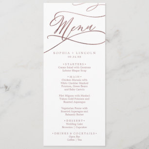 Romantic Rose Gold Calligraphy Wedding Dinner Menu