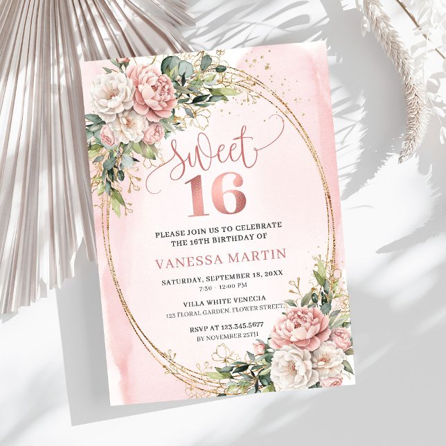 Romantic Rose Gold Floral Greenery Sweet Sixteen  Invitation (Romantic Rose Gold Floral Greenery Sweet Sixteen Invitation

)