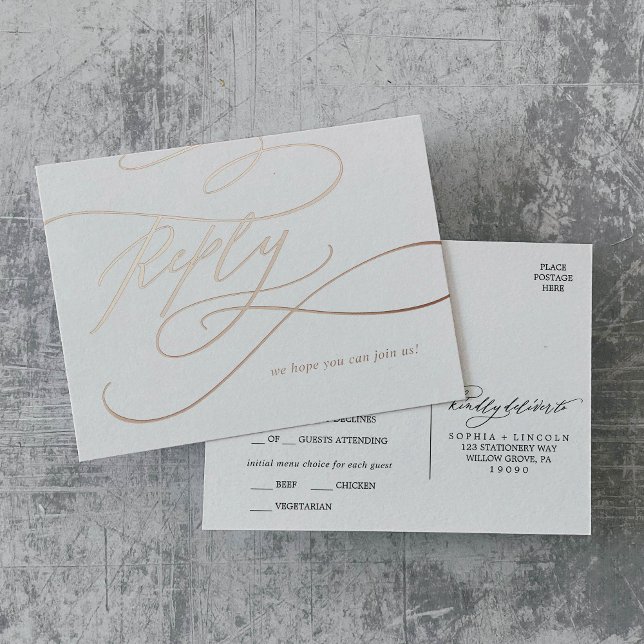 Romantic Rose Gold Foil Meal Option RSVP Foil Invitation Postcard (Romantic Rose Gold Foil Meal Option RSVP Foil Invitation Postcard)