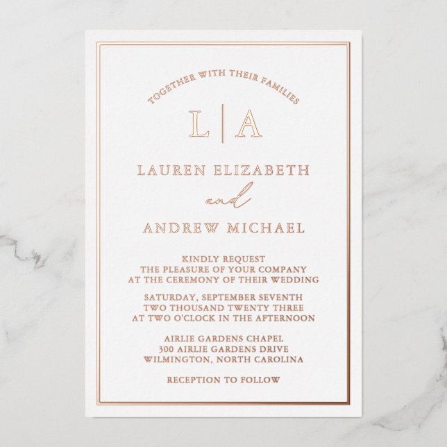 Romantic Rose Gold Foil Monogram Border Wedding (Front)