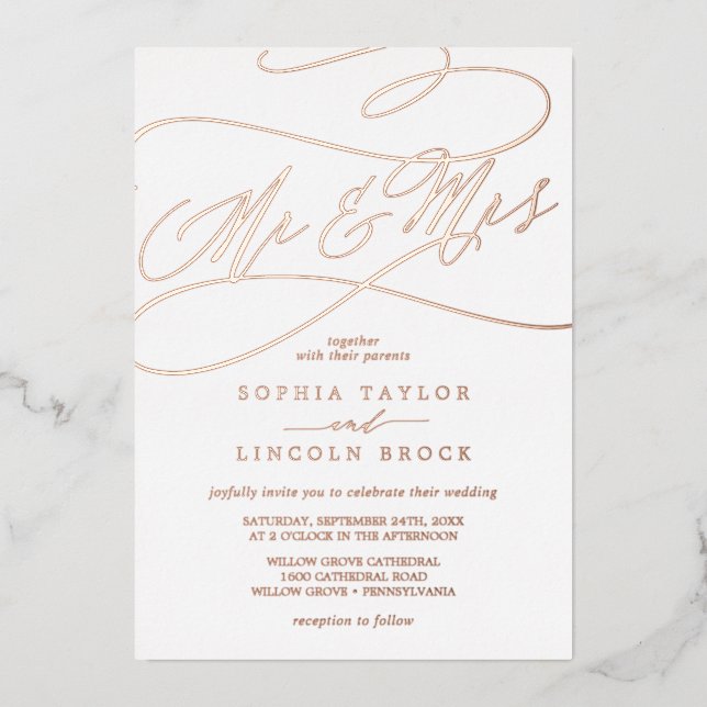 Romantic Rose Gold Foil Mr & Mrs Wedding (Front)