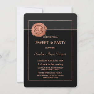 Romantic Rose Gold  Glitter Monogram SWEET 16 Invitation